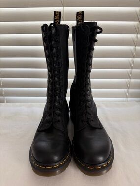Dr. Martens Black Tall Lace-Up Boots with Yellow Stitching model 1B99 Sz 6